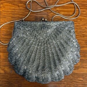 Vintage Silver Beaded Clam Shell Evening Bag Clutch